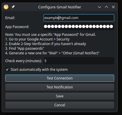 Configuration dialog for Gmail Notifier