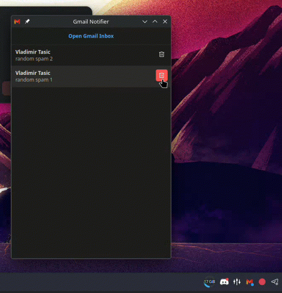 Gmail Notifier email list popup showing recent unread messages